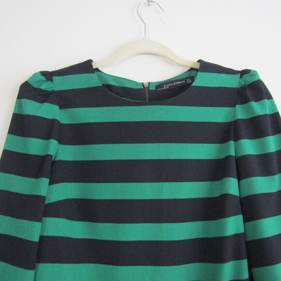 Zara Striped Top Small Green Navy Blue Business Casual Office Preppy - Picture 2 of 10
